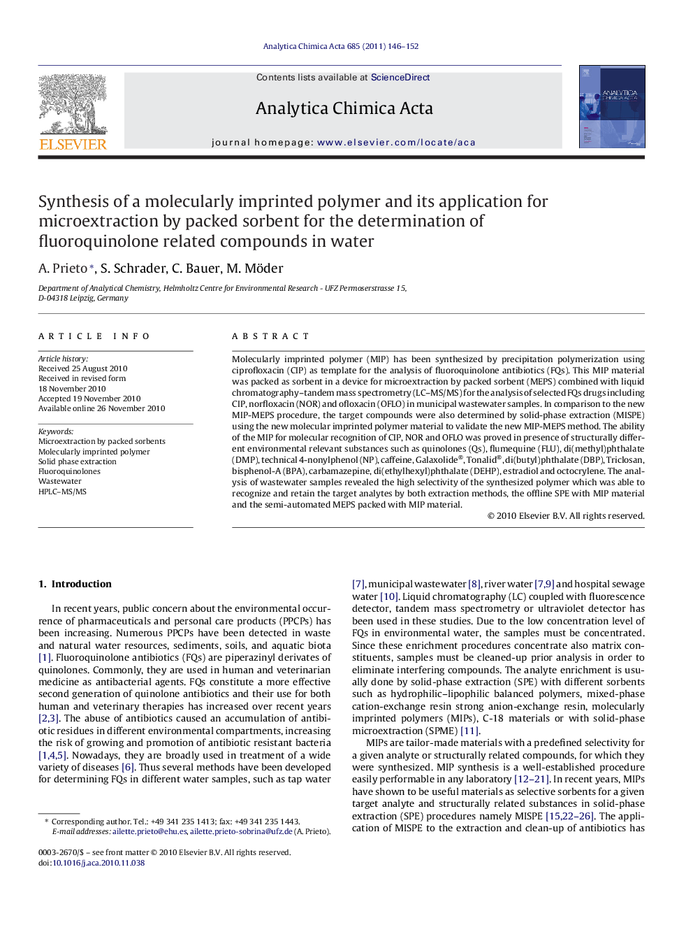 Synthesis of a molecularly imprinted polymer and its application for microextraction by packed sorbent for the determination of fluoroquinolone related compounds in water