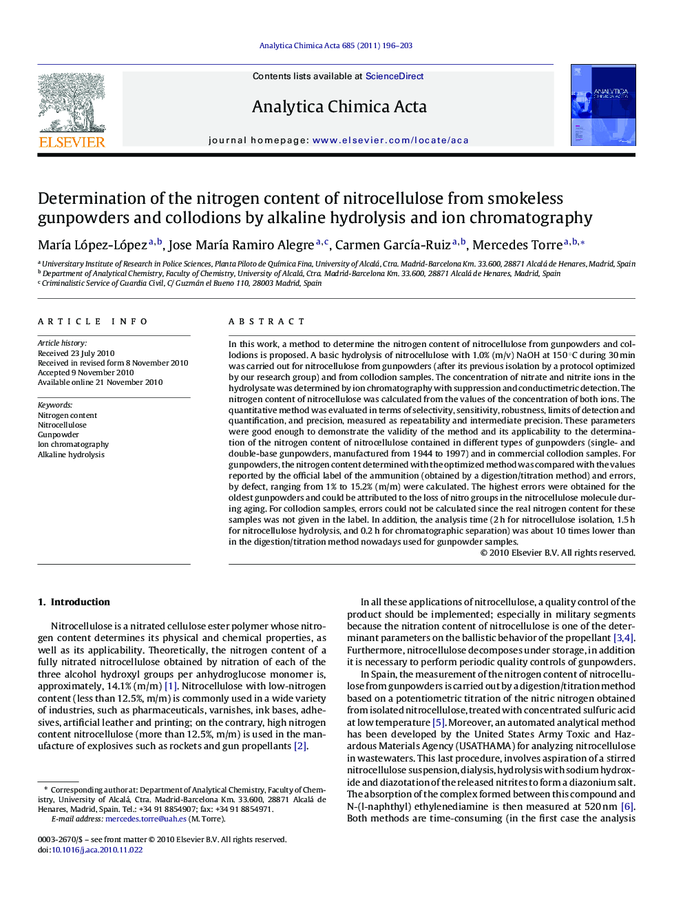 Determination of the nitrogen content of nitrocellulose from smokeless gunpowders and collodions by alkaline hydrolysis and ion chromatography