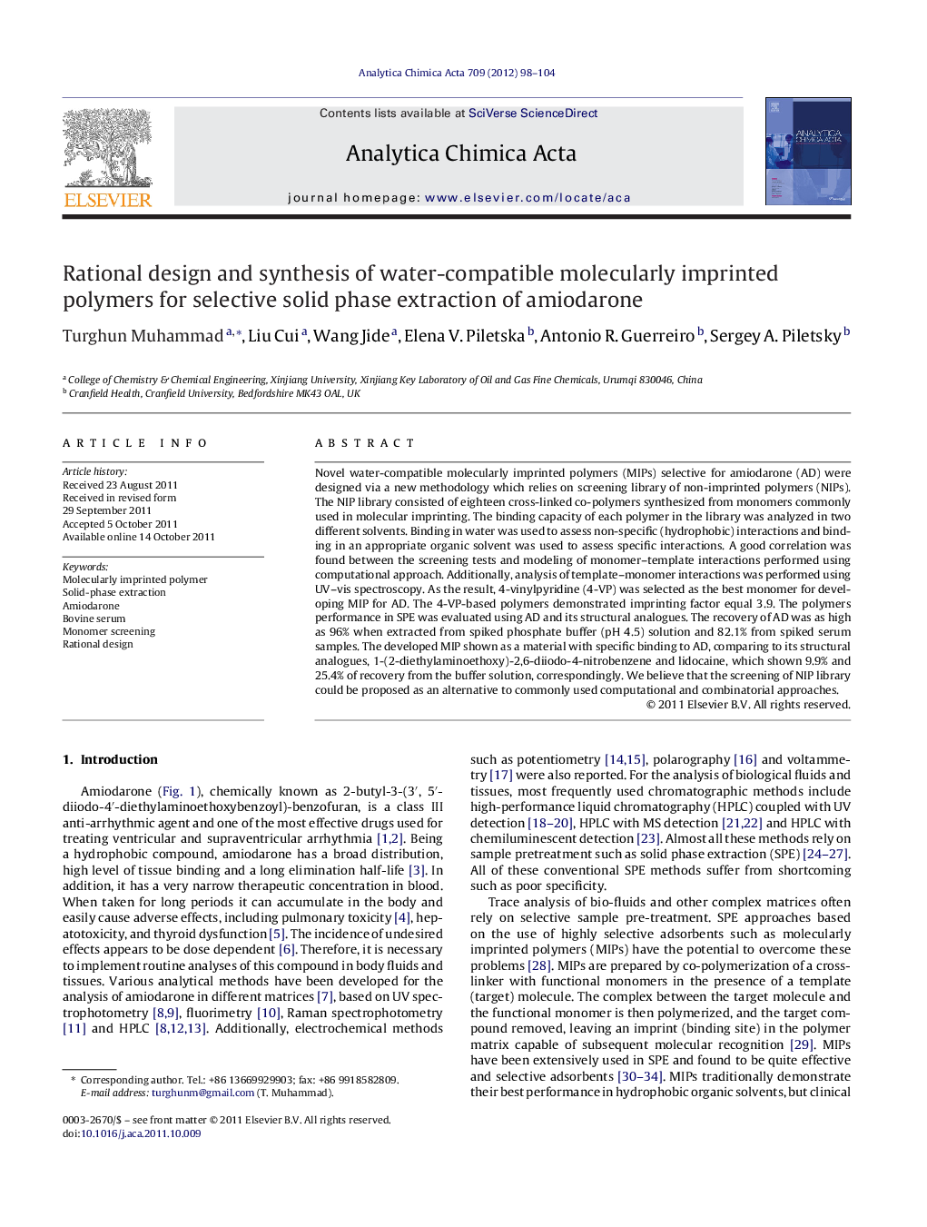 Rational design and synthesis of water-compatible molecularly imprinted polymers for selective solid phase extraction of amiodarone