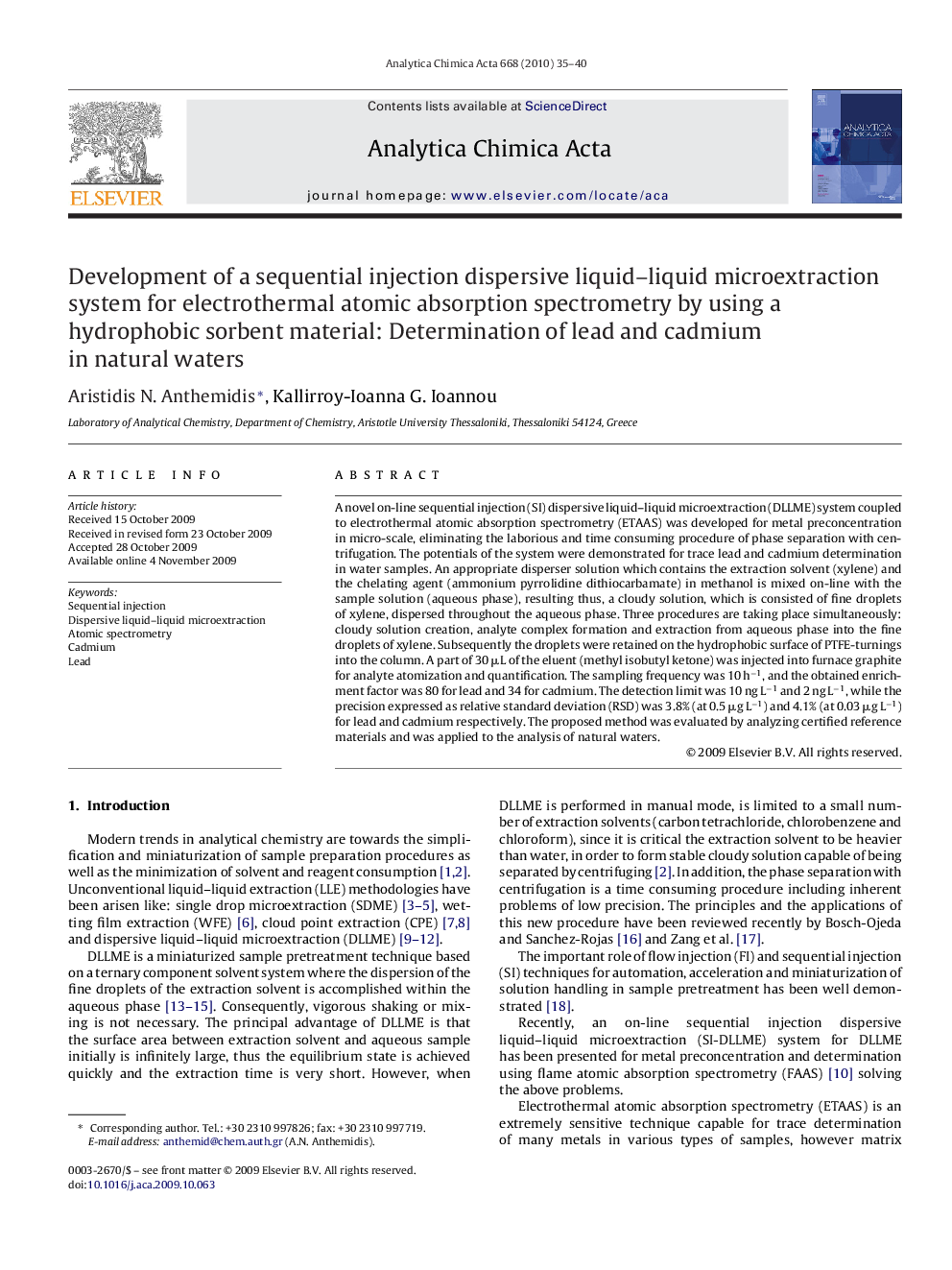 Development of a sequential injection dispersive liquid–liquid microextraction system for electrothermal atomic absorption spectrometry by using a hydrophobic sorbent material: Determination of lead and cadmium in natural waters