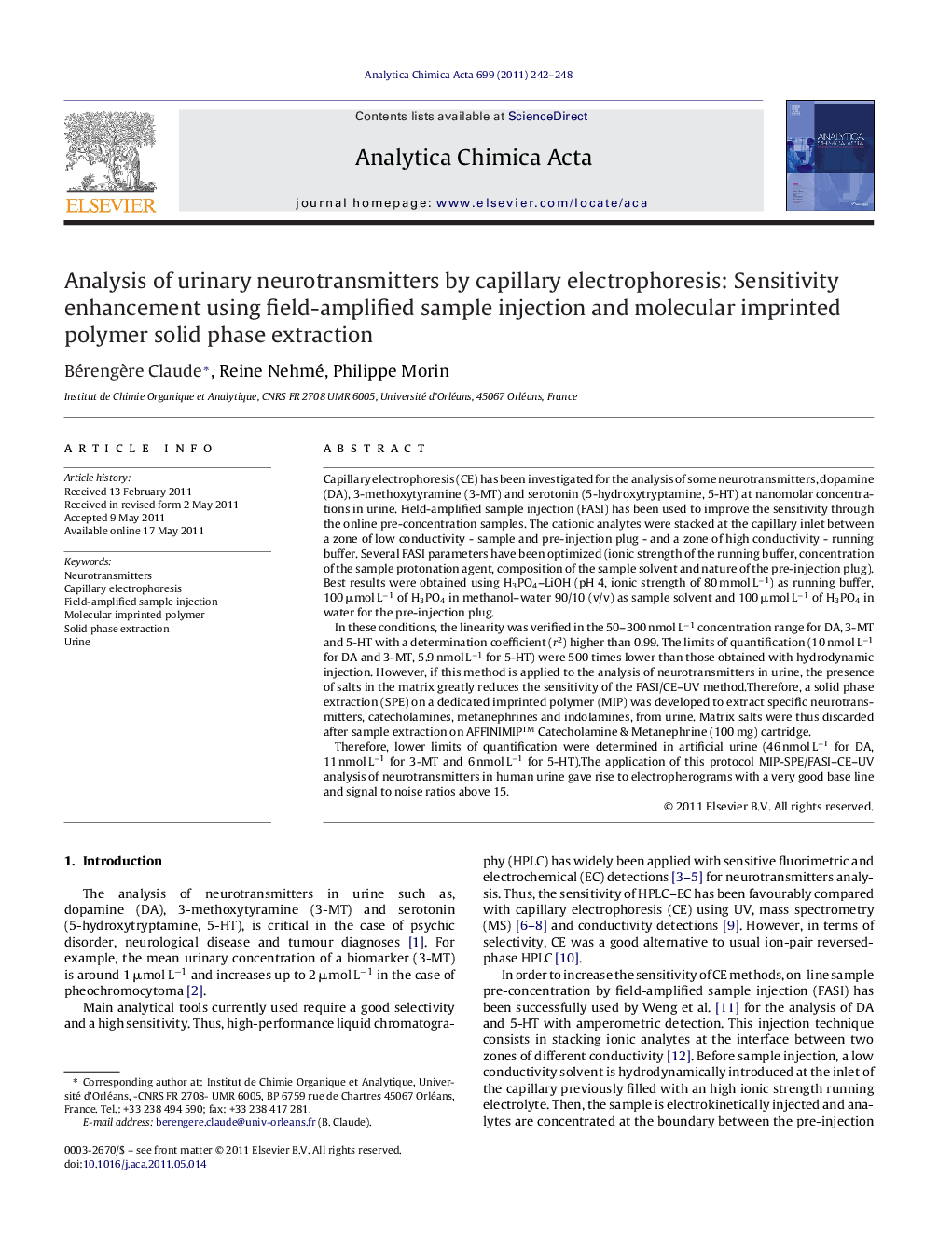 Analysis of urinary neurotransmitters by capillary electrophoresis: Sensitivity enhancement using field-amplified sample injection and molecular imprinted polymer solid phase extraction