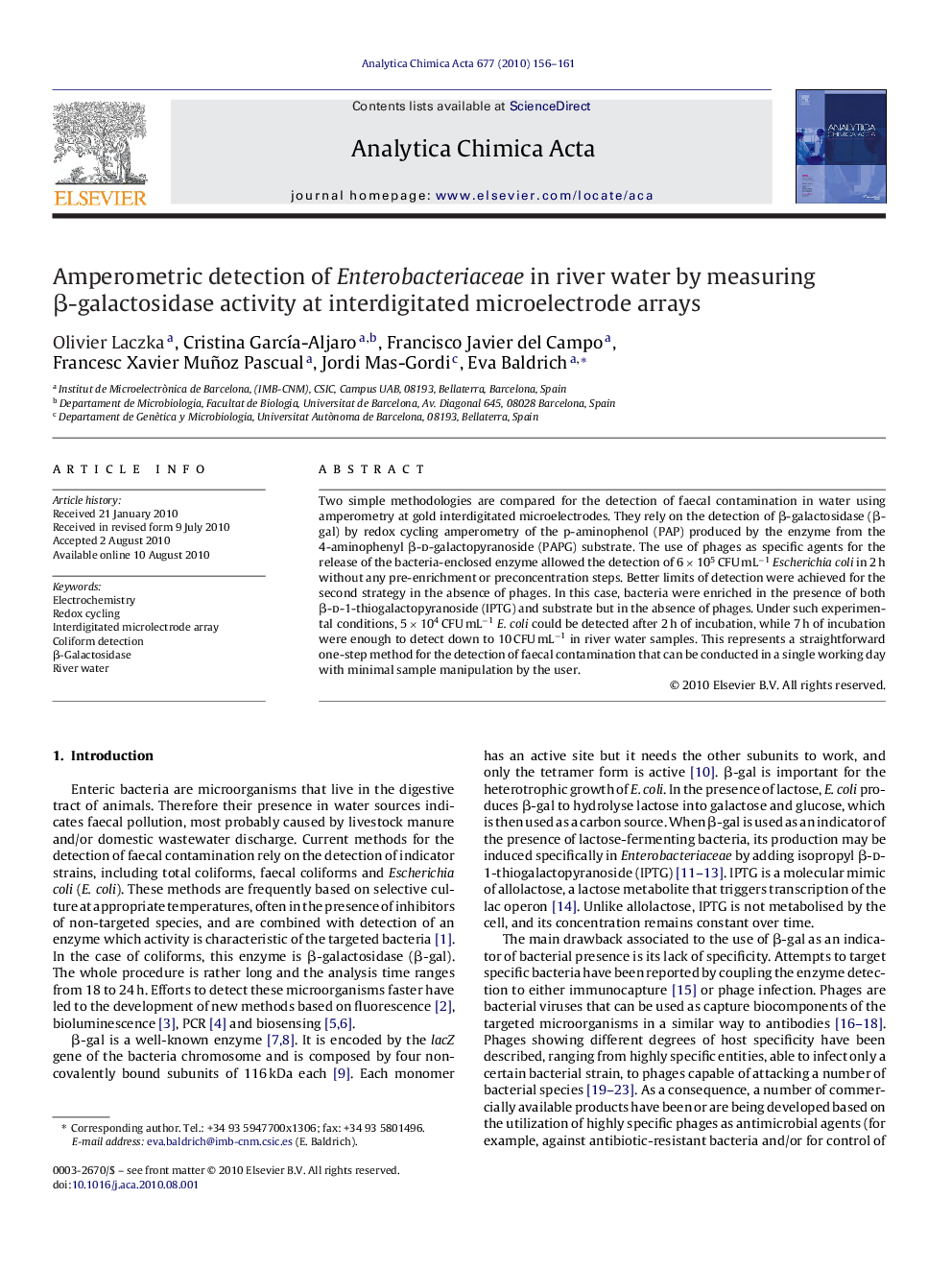 Amperometric detection of Enterobacteriaceae in river water by measuring Î²-galactosidase activity at interdigitated microelectrode arrays