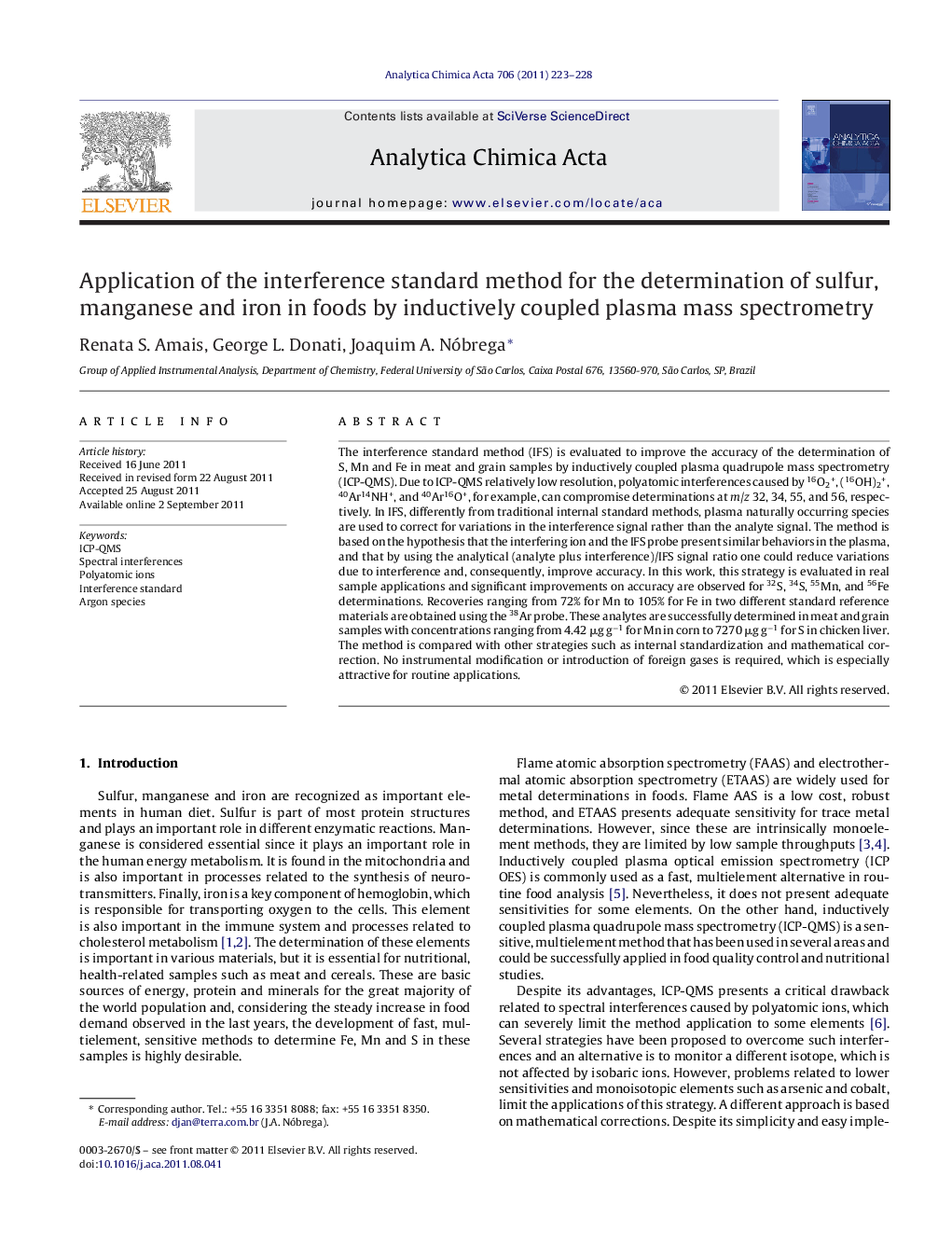 Application of the interference standard method for the determination of sulfur, manganese and iron in foods by inductively coupled plasma mass spectrometry