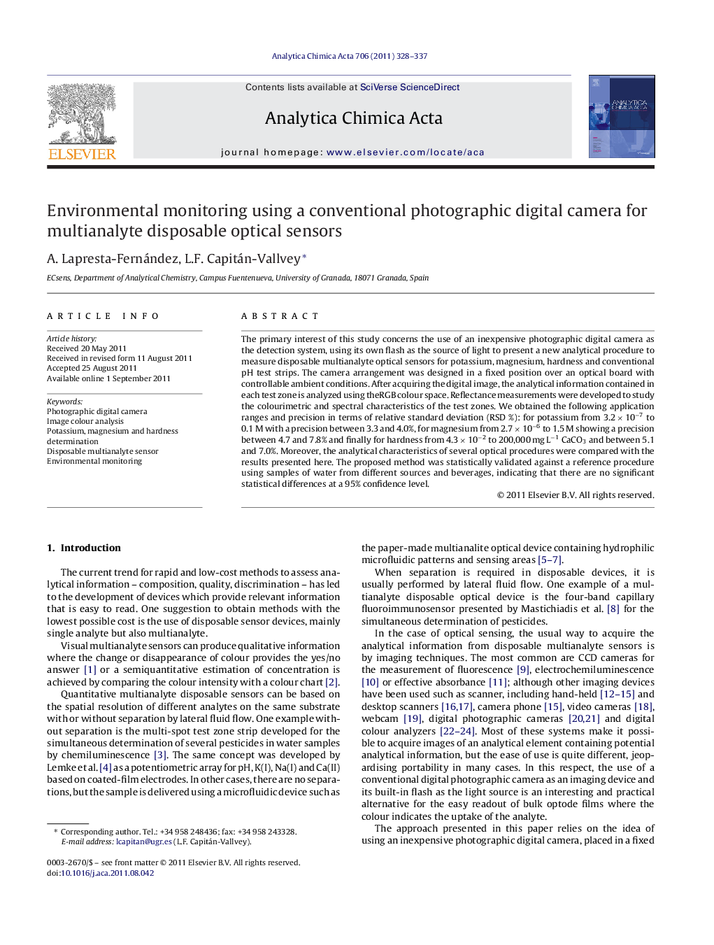 Environmental monitoring using a conventional photographic digital camera for multianalyte disposable optical sensors