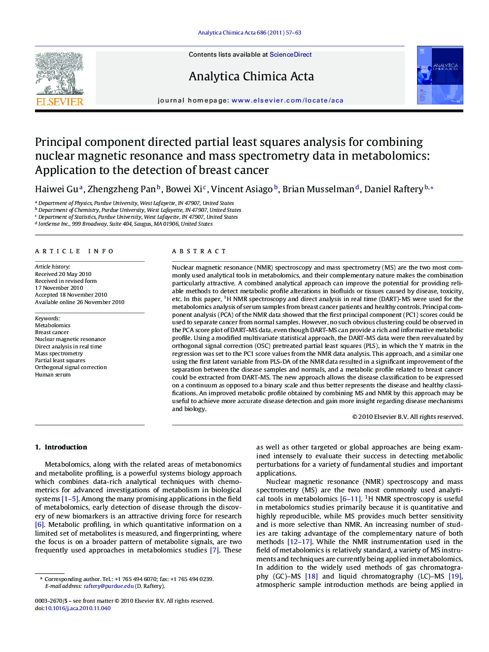 Principal component directed partial least squares analysis for combining nuclear magnetic resonance and mass spectrometry data in metabolomics: Application to the detection of breast cancer