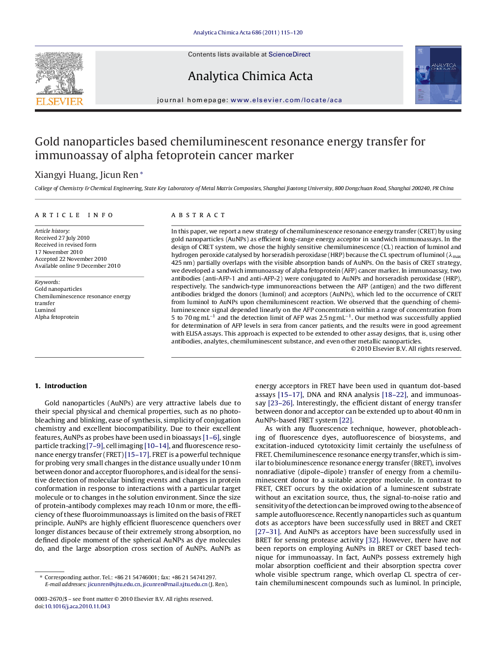 Gold nanoparticles based chemiluminescent resonance energy transfer for immunoassay of alpha fetoprotein cancer marker