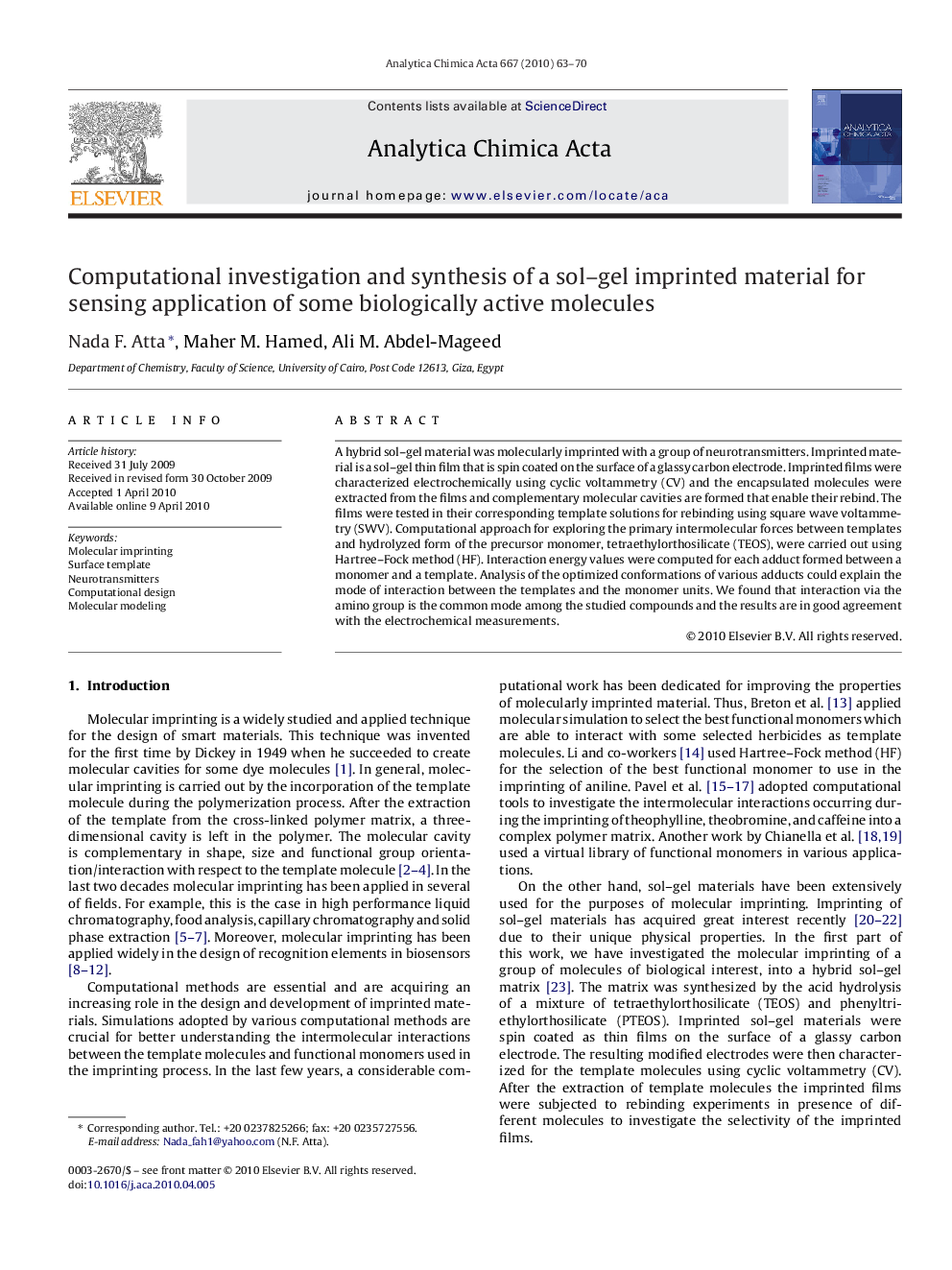 Computational investigation and synthesis of a sol–gel imprinted material for sensing application of some biologically active molecules