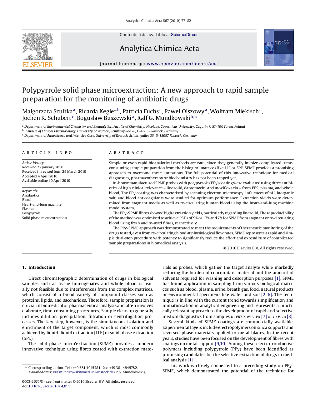Polypyrrole solid phase microextraction: A new approach to rapid sample preparation for the monitoring of antibiotic drugs