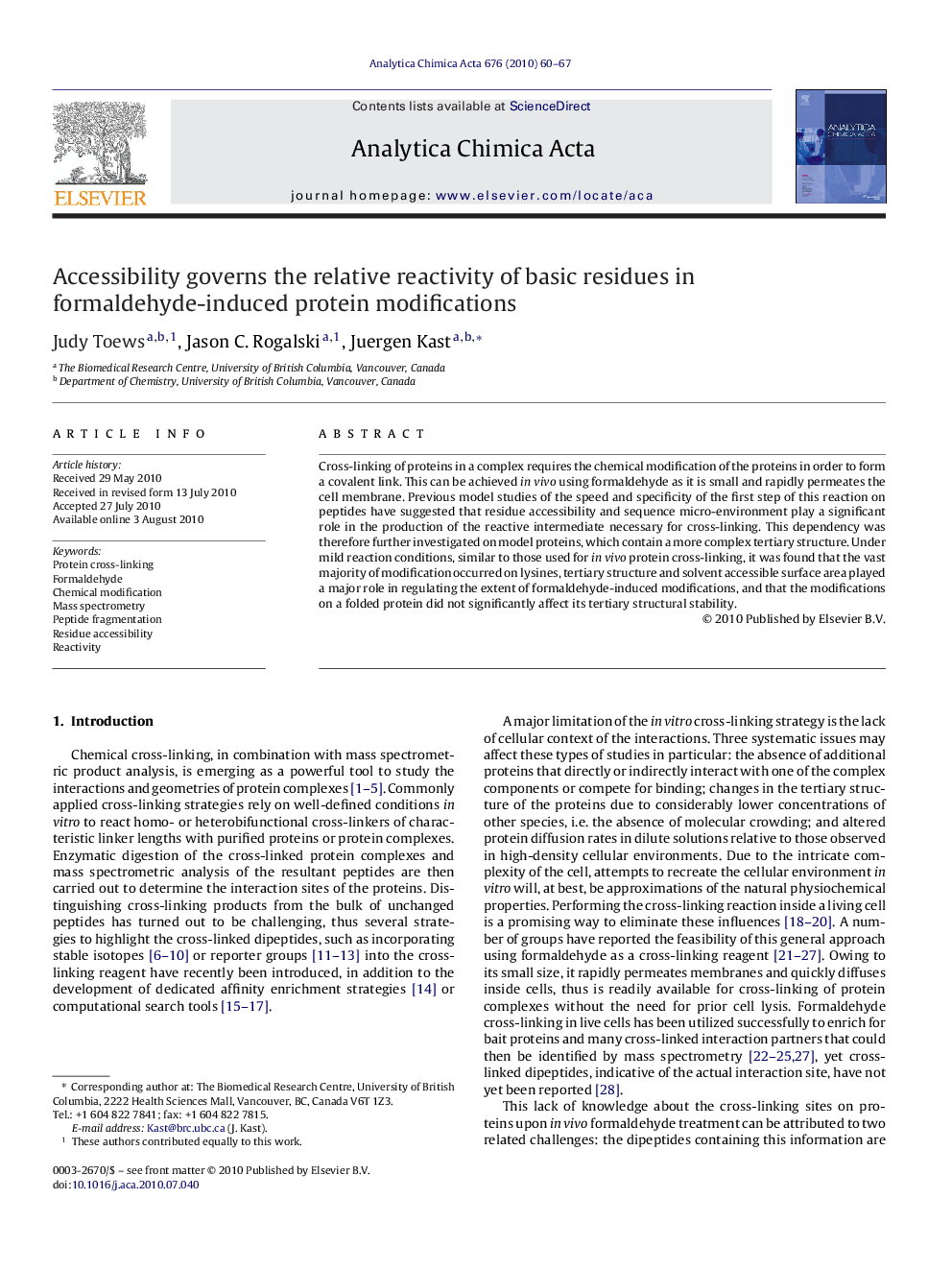 Accessibility governs the relative reactivity of basic residues in formaldehyde-induced protein modifications