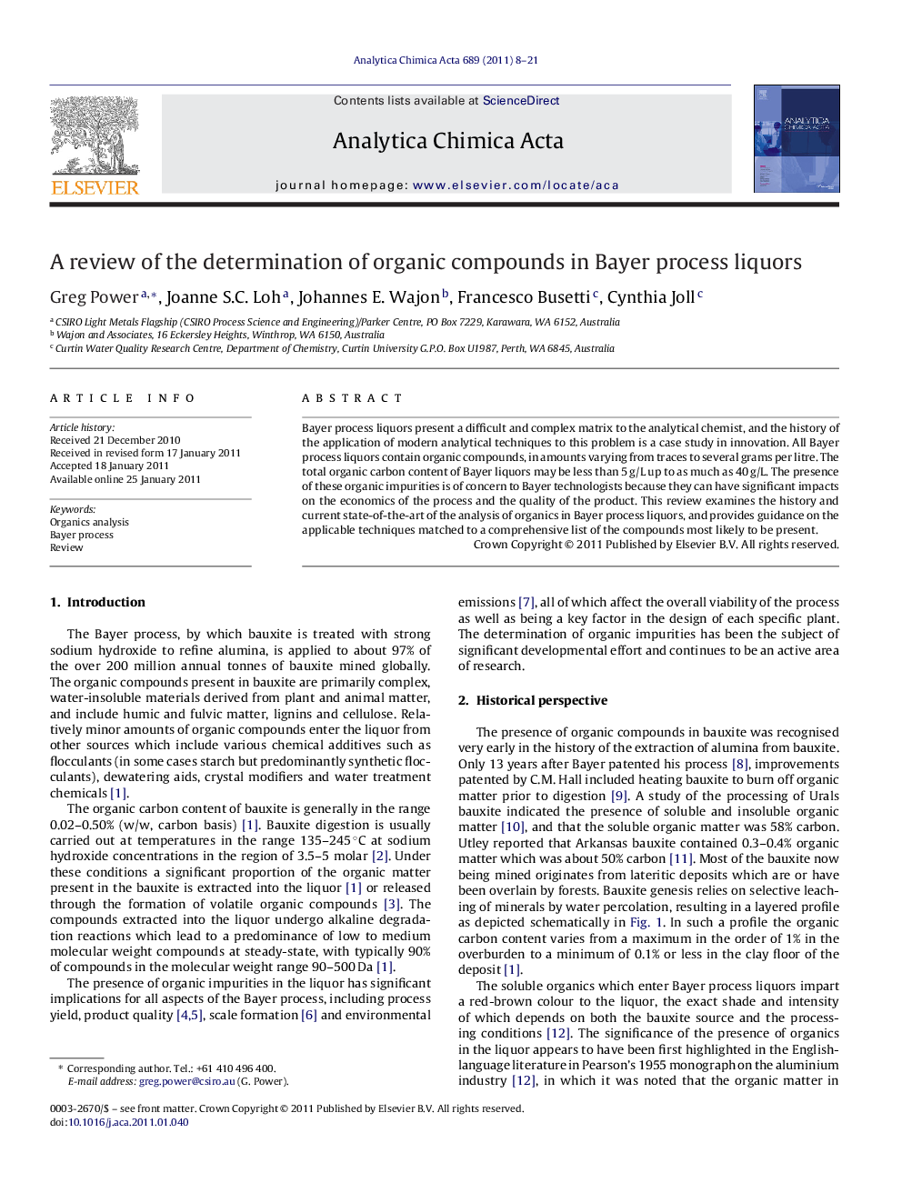 A review of the determination of organic compounds in Bayer process liquors