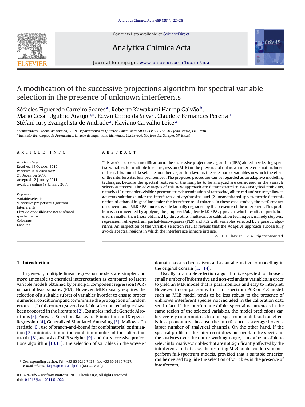 A modification of the successive projections algorithm for spectral variable selection in the presence of unknown interferents