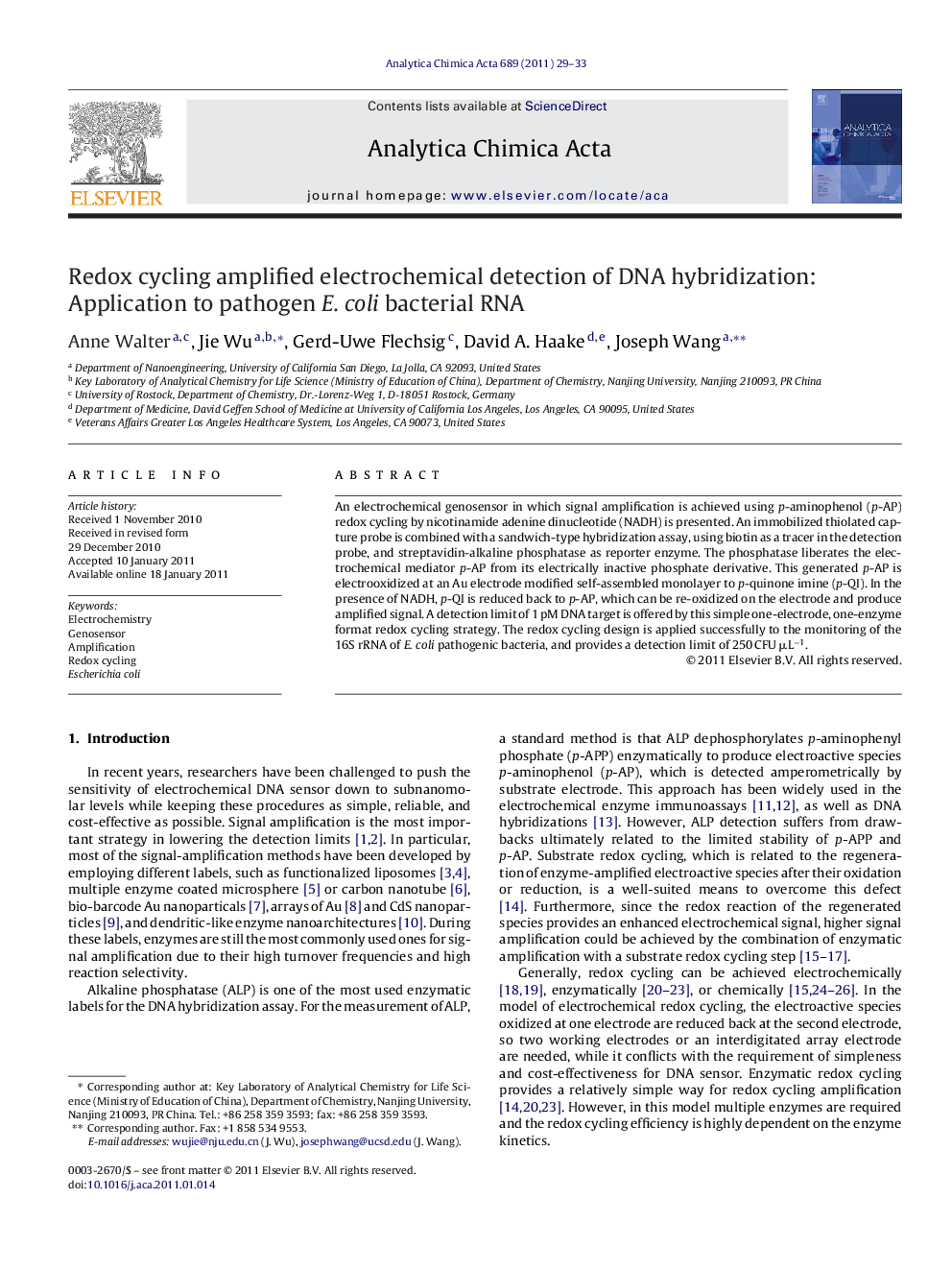 Redox cycling amplified electrochemical detection of DNA hybridization: Application to pathogen E. coli bacterial RNA