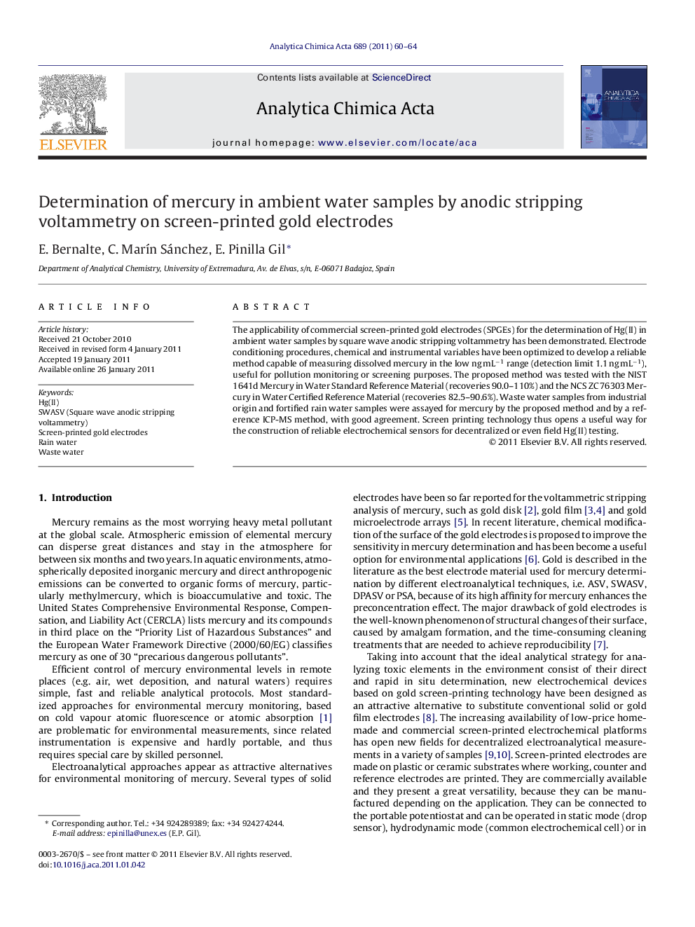 Determination of mercury in ambient water samples by anodic stripping voltammetry on screen-printed gold electrodes