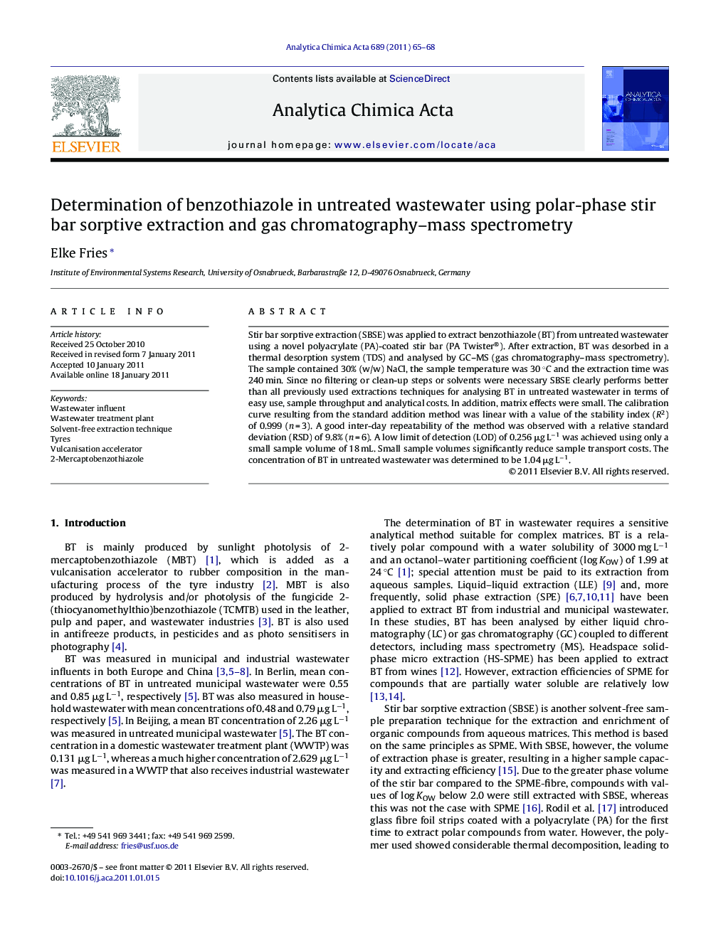 Determination of benzothiazole in untreated wastewater using polar-phase stir bar sorptive extraction and gas chromatography–mass spectrometry