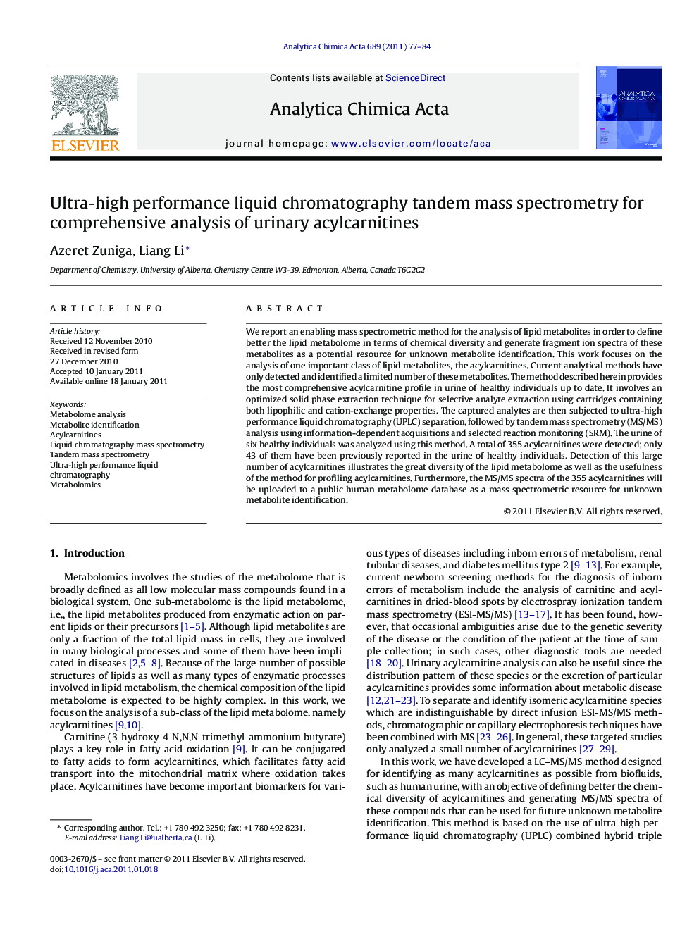 Ultra-high performance liquid chromatography tandem mass spectrometry for comprehensive analysis of urinary acylcarnitines