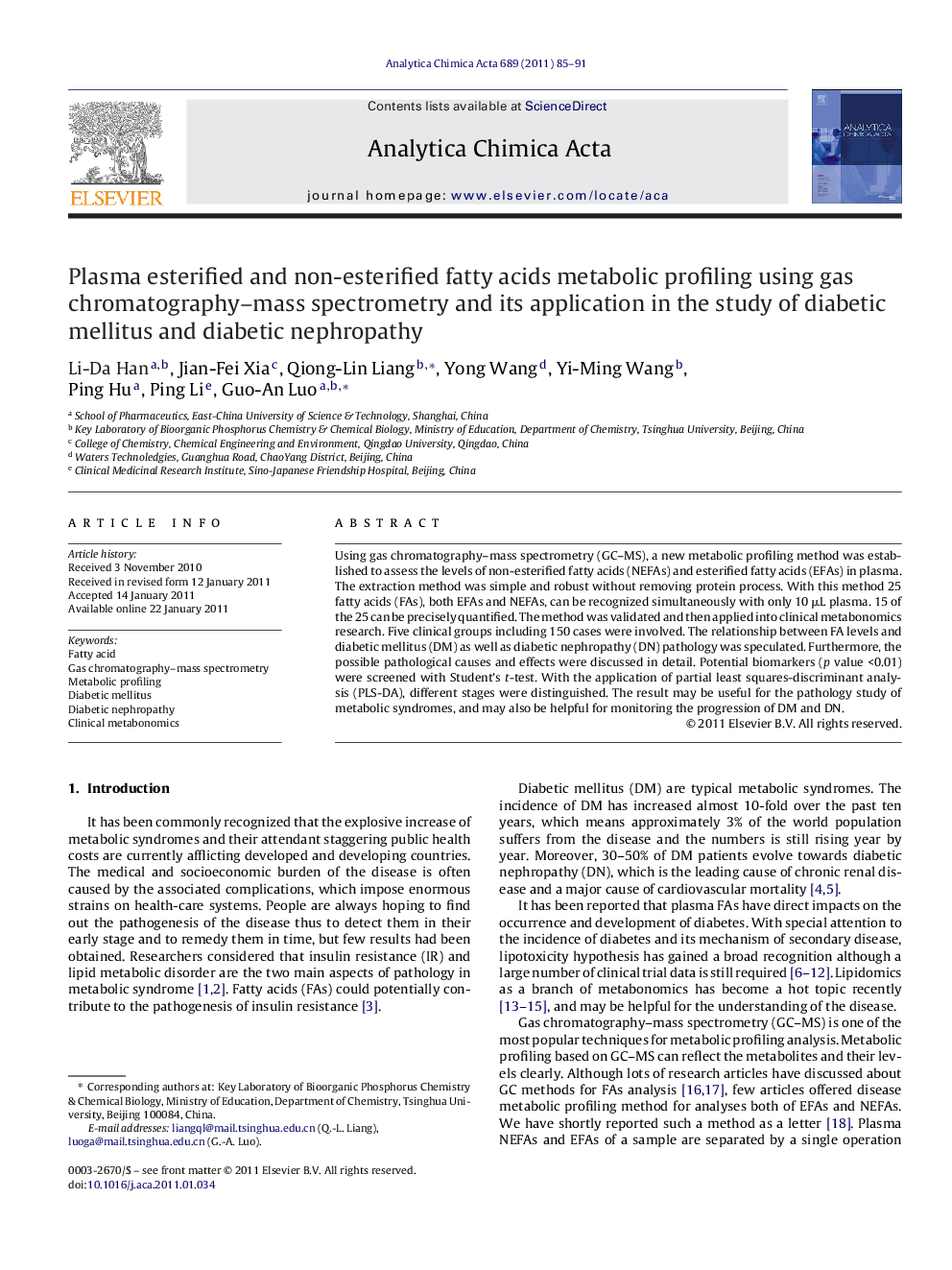 Plasma esterified and non-esterified fatty acids metabolic profiling using gas chromatography–mass spectrometry and its application in the study of diabetic mellitus and diabetic nephropathy