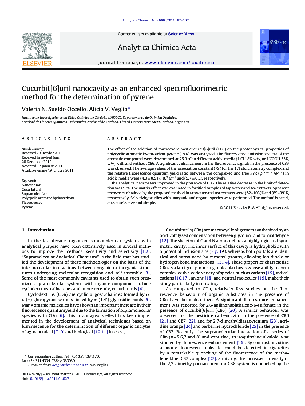 Cucurbit[6]uril nanocavity as an enhanced spectrofluorimetric method for the determination of pyrene