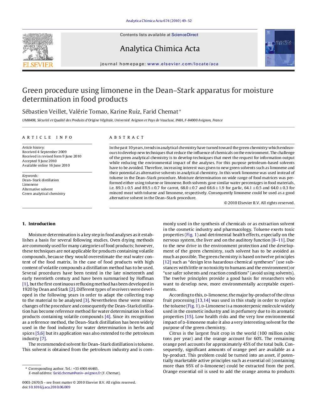 Green procedure using limonene in the Dean–Stark apparatus for moisture determination in food products