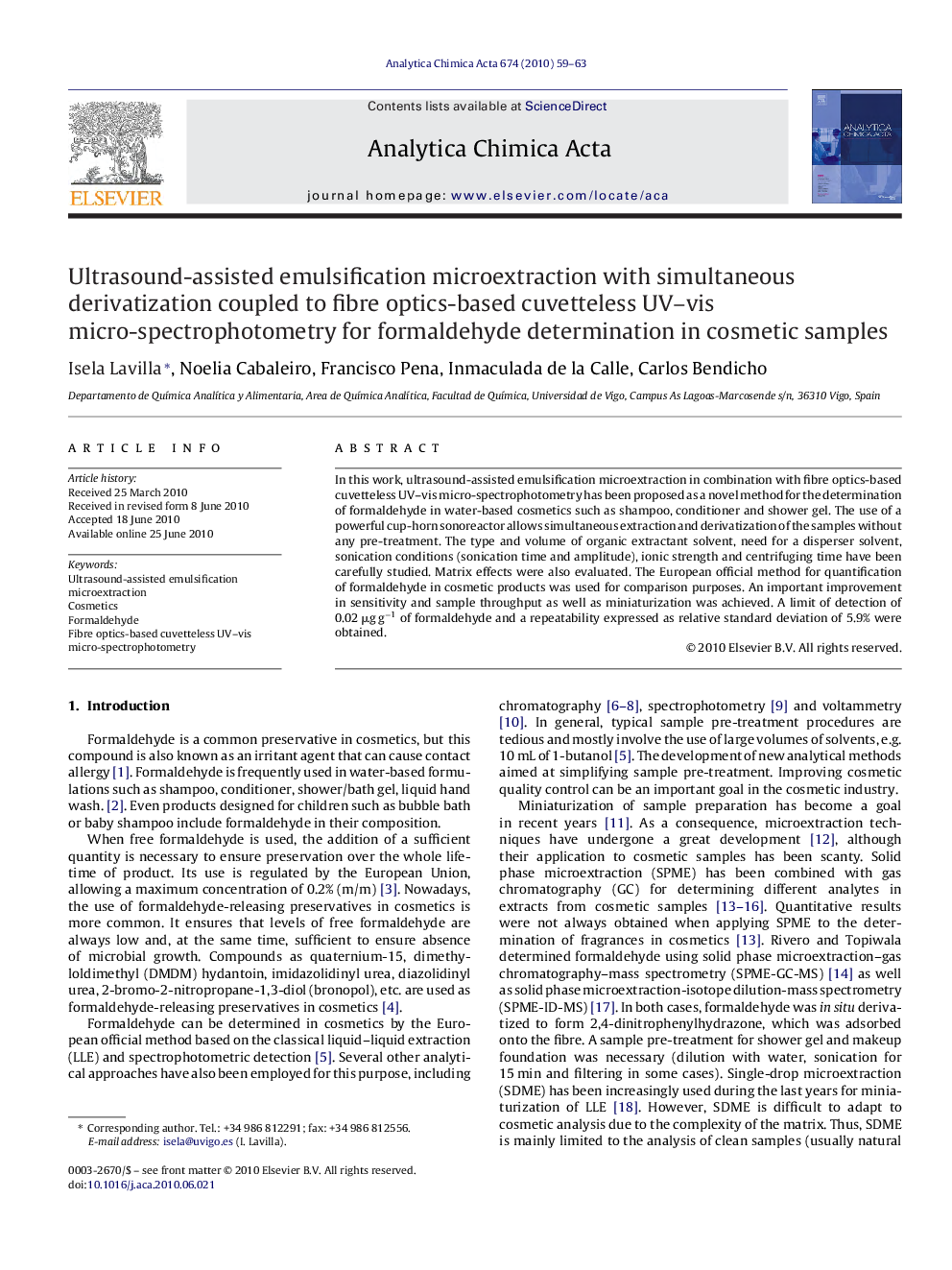 Ultrasound-assisted emulsification microextraction with simultaneous derivatization coupled to fibre optics-based cuvetteless UV–vis micro-spectrophotometry for formaldehyde determination in cosmetic samples