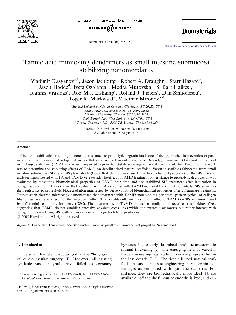 Tannic acid mimicking dendrimers as small intestine submucosa stabilizing nanomordants