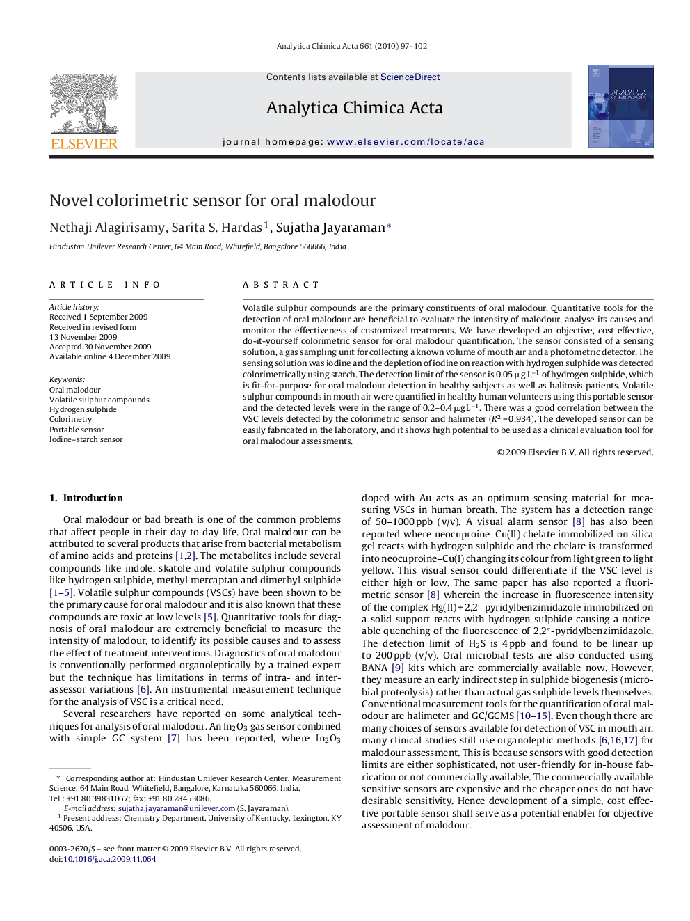 Novel colorimetric sensor for oral malodour