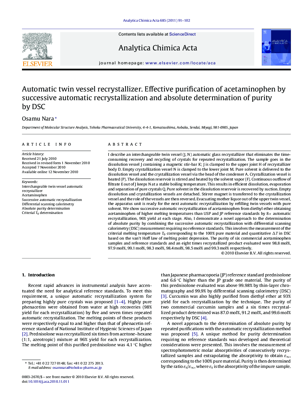 Automatic twin vessel recrystallizer. Effective purification of acetaminophen by successive automatic recrystallization and absolute determination of purity by DSC