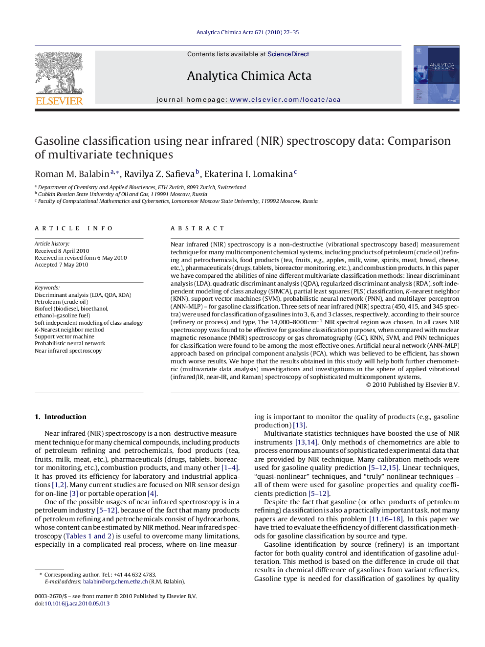 Gasoline classification using near infrared (NIR) spectroscopy data: Comparison of multivariate techniques