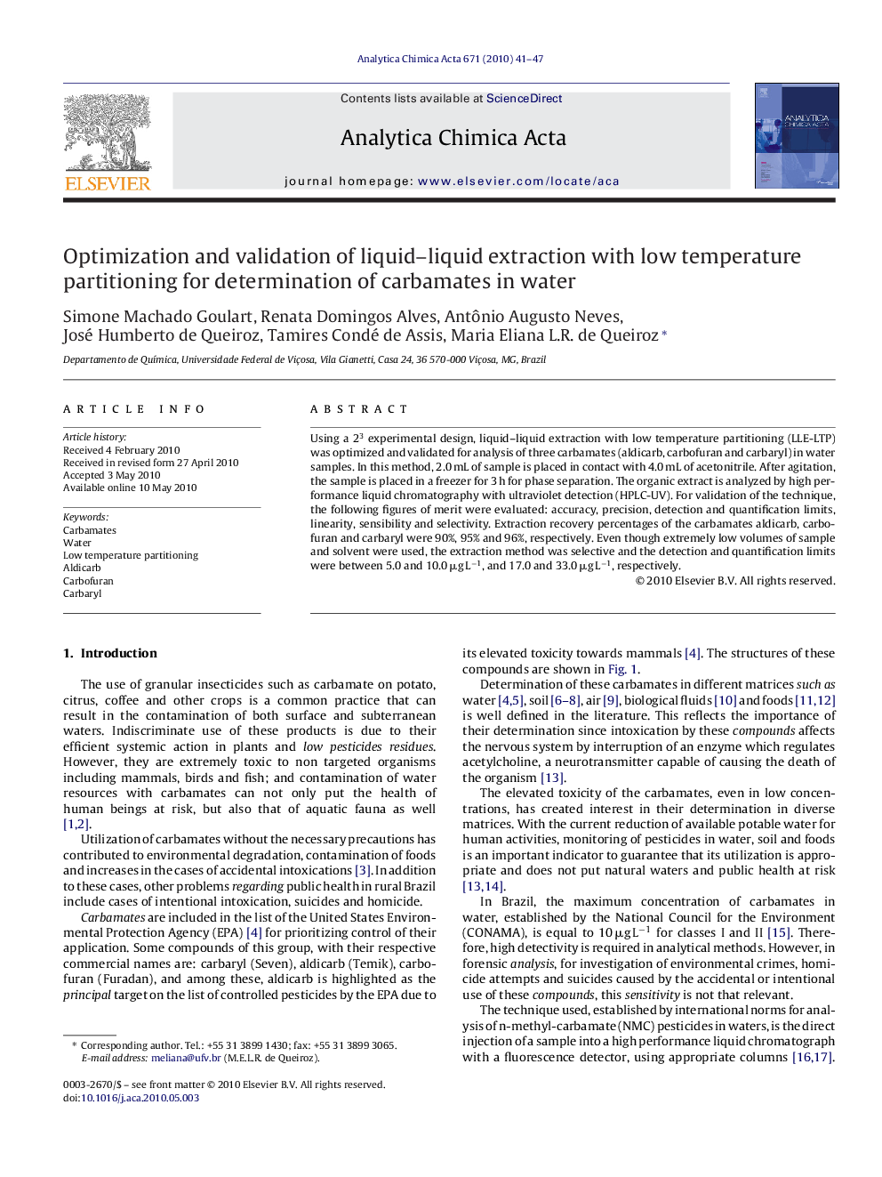 Optimization and validation of liquid–liquid extraction with low temperature partitioning for determination of carbamates in water