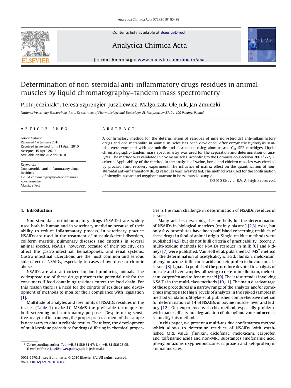 Determination of non-steroidal anti-inflammatory drugs residues in animal muscles by liquid chromatography–tandem mass spectrometry