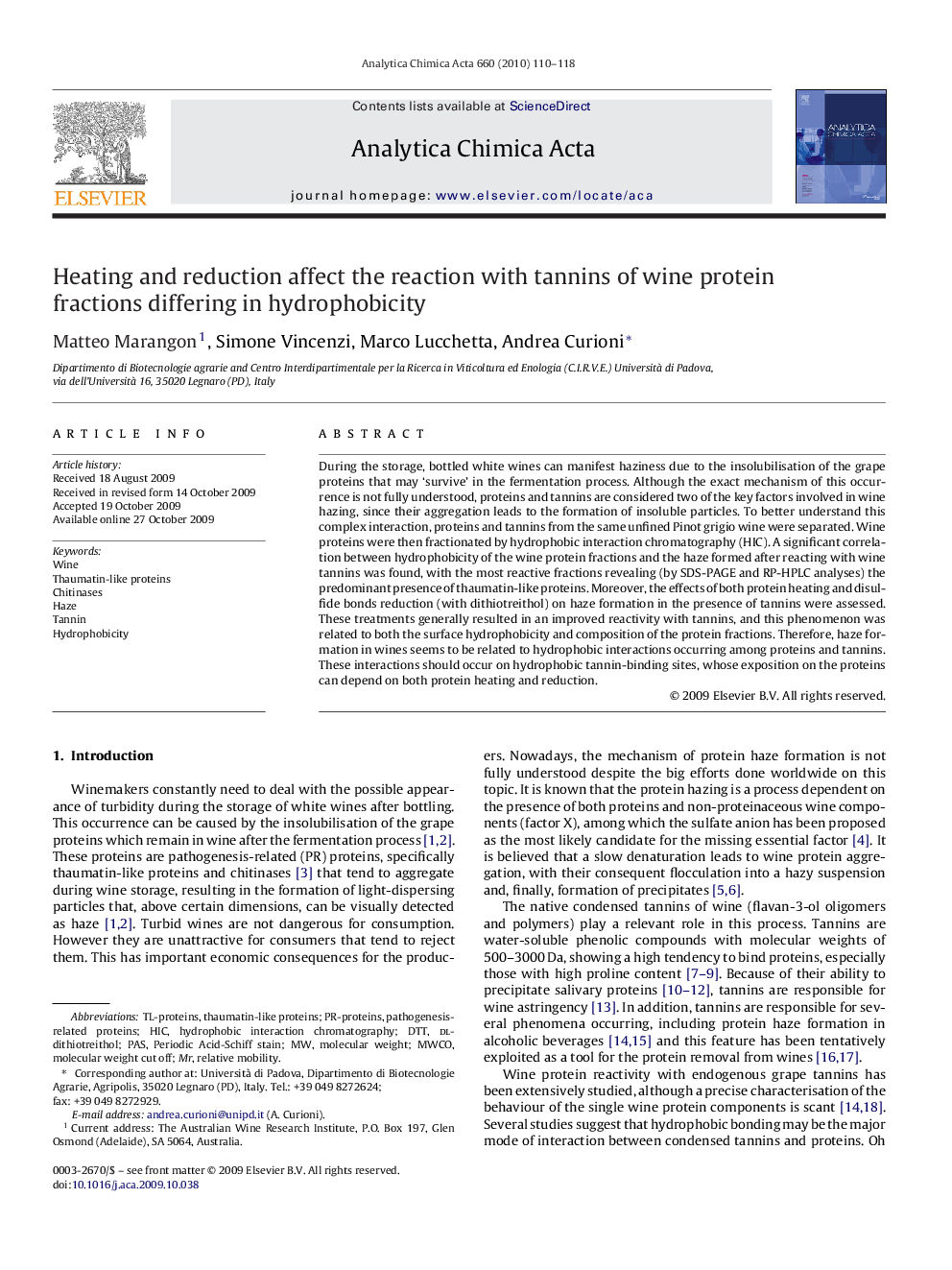 Heating and reduction affect the reaction with tannins of wine protein fractions differing in hydrophobicity