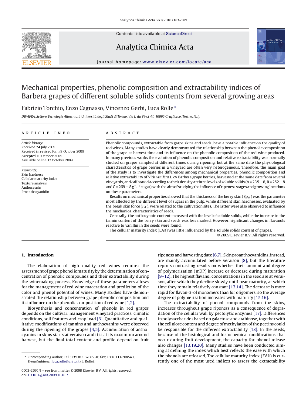 Mechanical properties, phenolic composition and extractability indices of Barbera grapes of different soluble solids contents from several growing areas