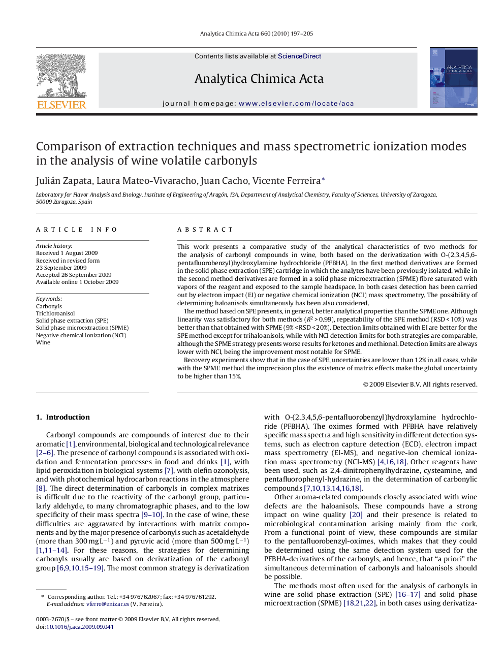 Comparison of extraction techniques and mass spectrometric ionization modes in the analysis of wine volatile carbonyls