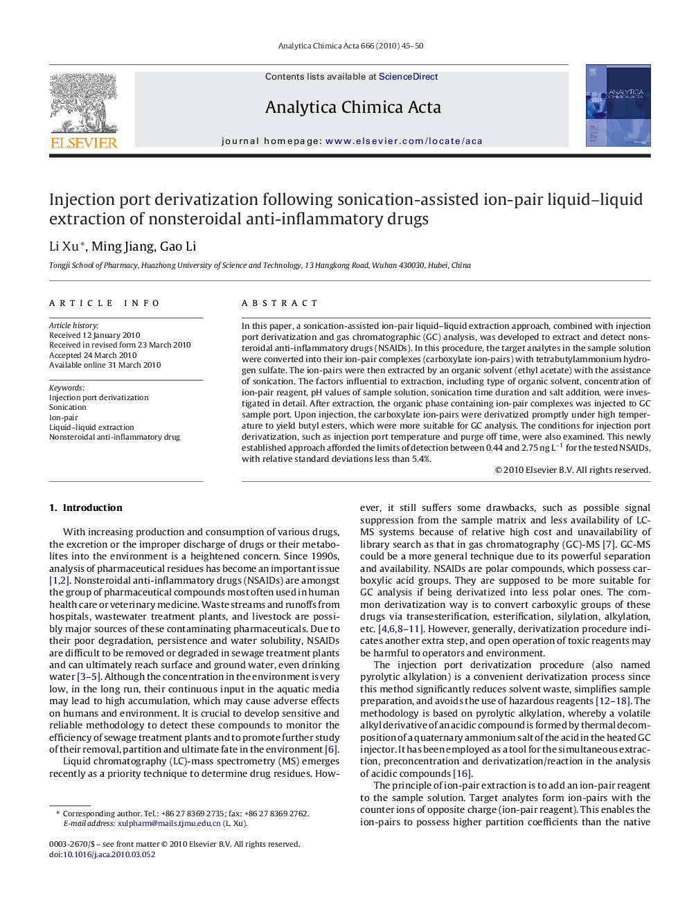 Injection port derivatization following sonication-assisted ion-pair liquid–liquid extraction of nonsteroidal anti-inflammatory drugs