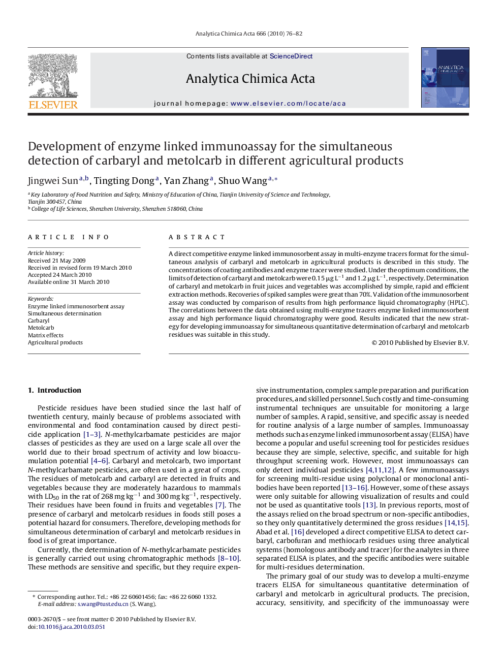 Development of enzyme linked immunoassay for the simultaneous detection of carbaryl and metolcarb in different agricultural products