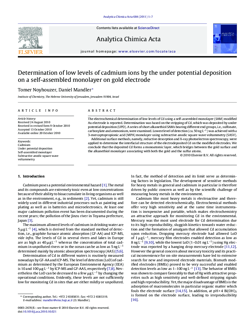 Determination of low levels of cadmium ions by the under potential deposition on a self-assembled monolayer on gold electrode