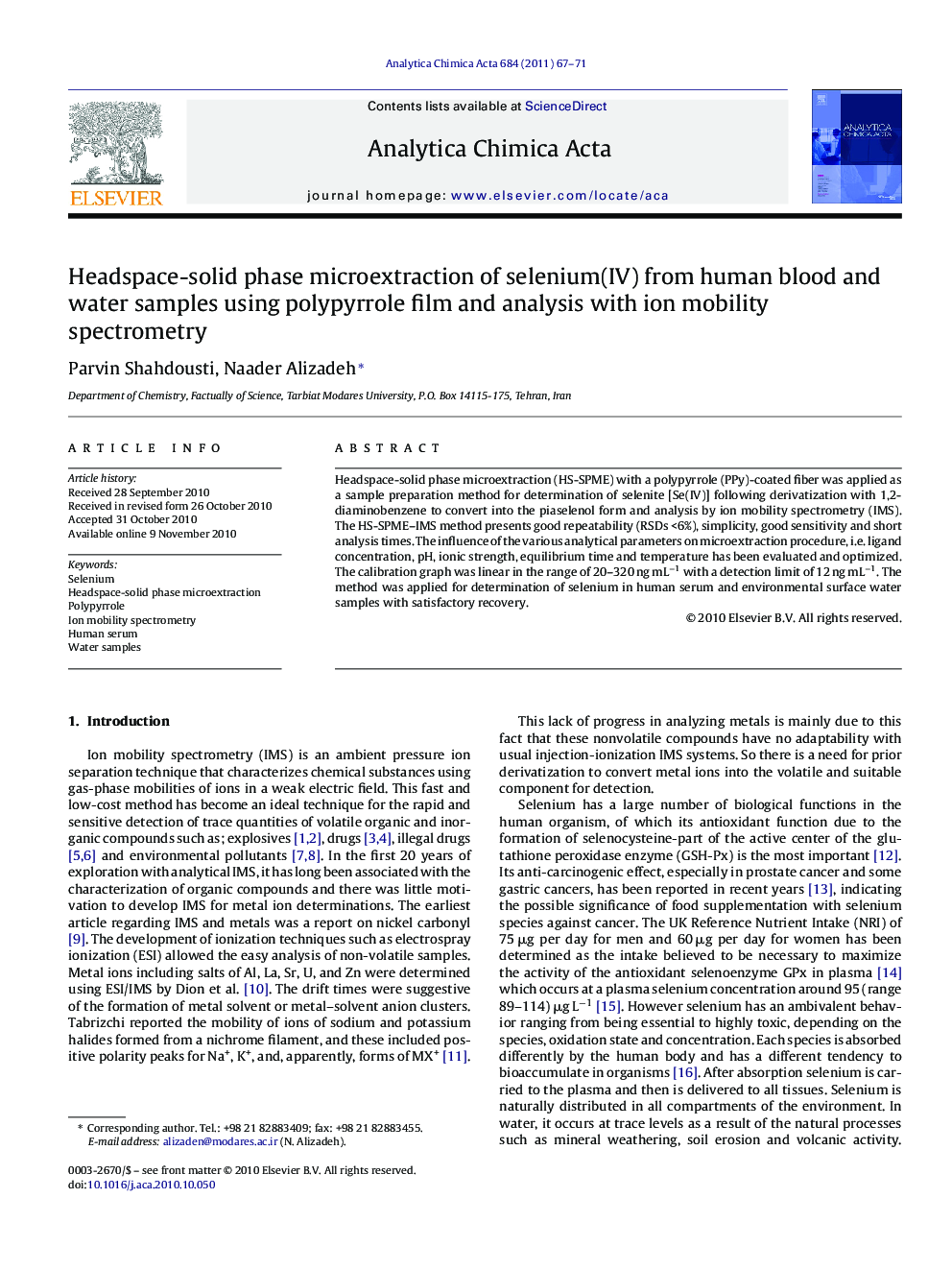 Headspace-solid phase microextraction of selenium(IV) from human blood and water samples using polypyrrole film and analysis with ion mobility spectrometry