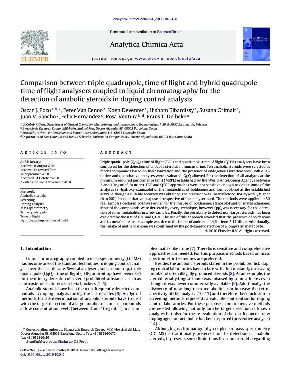 Comparison between triple quadrupole, time of flight and hybrid quadrupole time of flight analysers coupled to liquid chromatography for the detection of anabolic steroids in doping control analysis