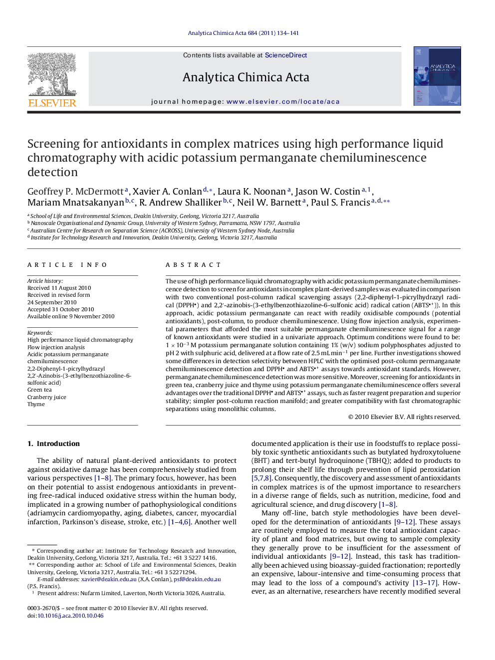 Screening for antioxidants in complex matrices using high performance liquid chromatography with acidic potassium permanganate chemiluminescence detection