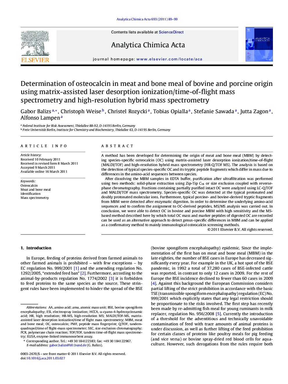 Determination of osteocalcin in meat and bone meal of bovine and porcine origin using matrix-assisted laser desorption ionization/time-of-flight mass spectrometry and high-resolution hybrid mass spectrometry