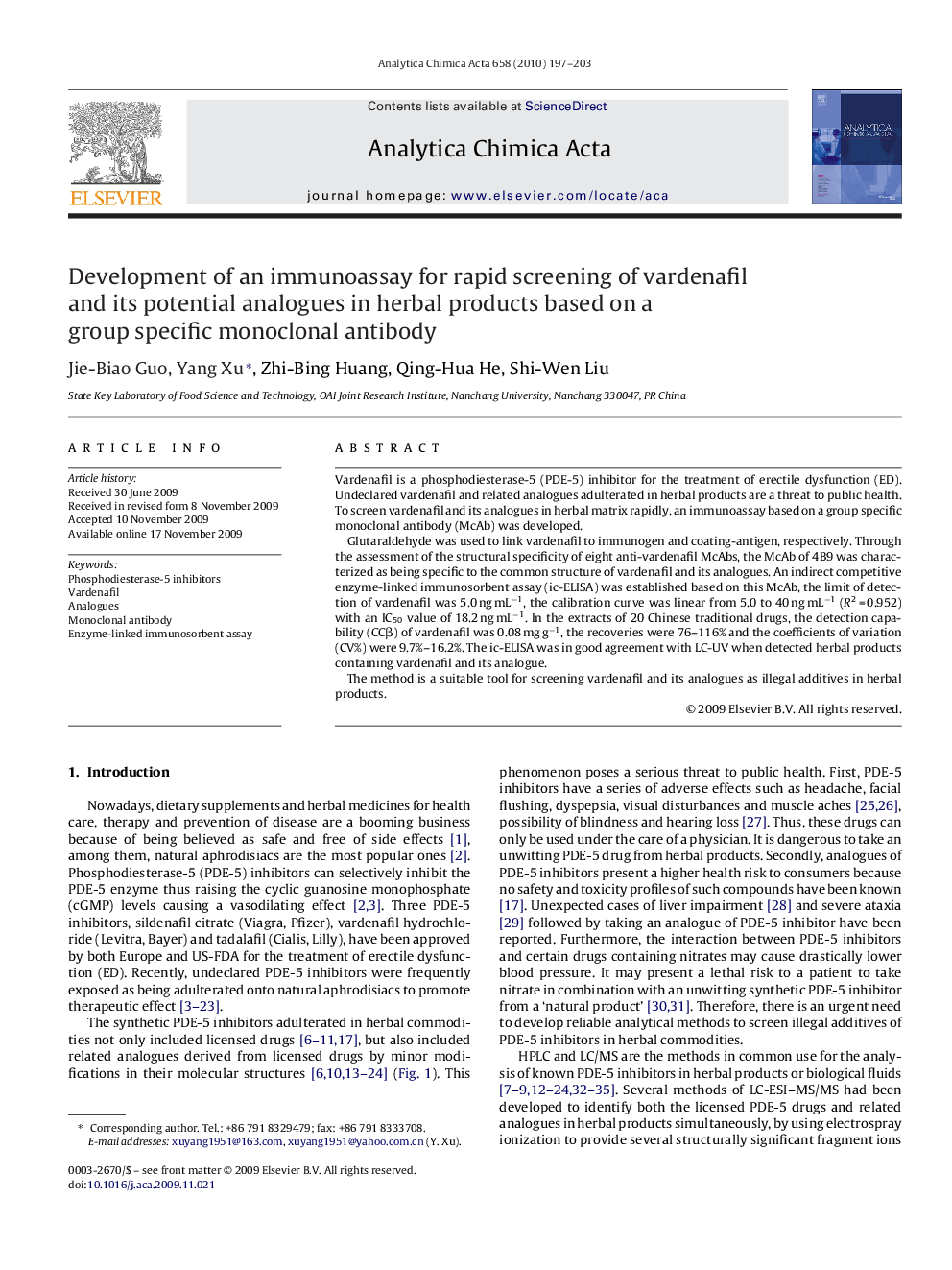 Development of an immunoassay for rapid screening of vardenafil and its potential analogues in herbal products based on a group specific monoclonal antibody