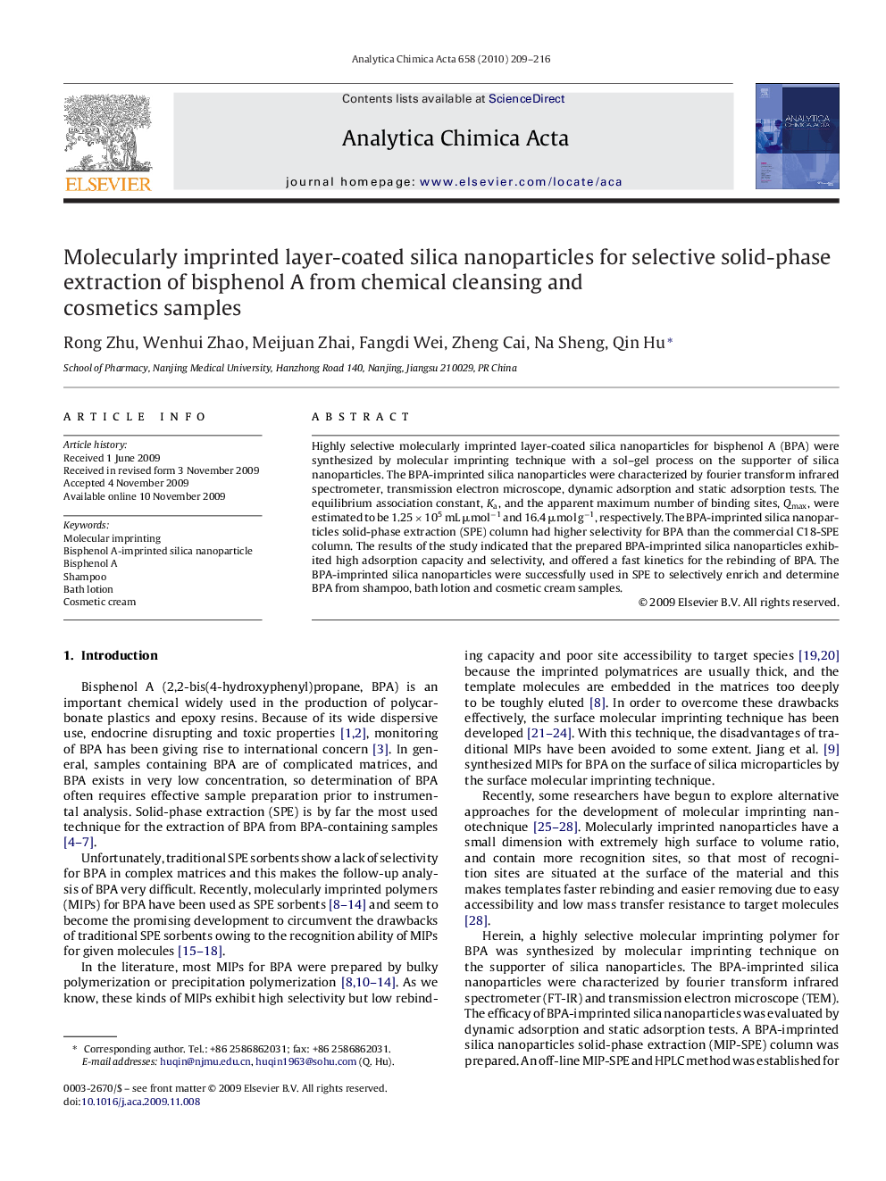 Molecularly imprinted layer-coated silica nanoparticles for selective solid-phase extraction of bisphenol A from chemical cleansing and cosmetics samples