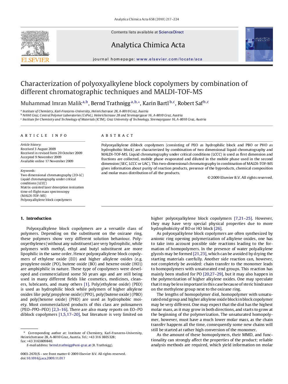 Characterization of polyoxyalkylene block copolymers by combination of different chromatographic techniques and MALDI-TOF-MS