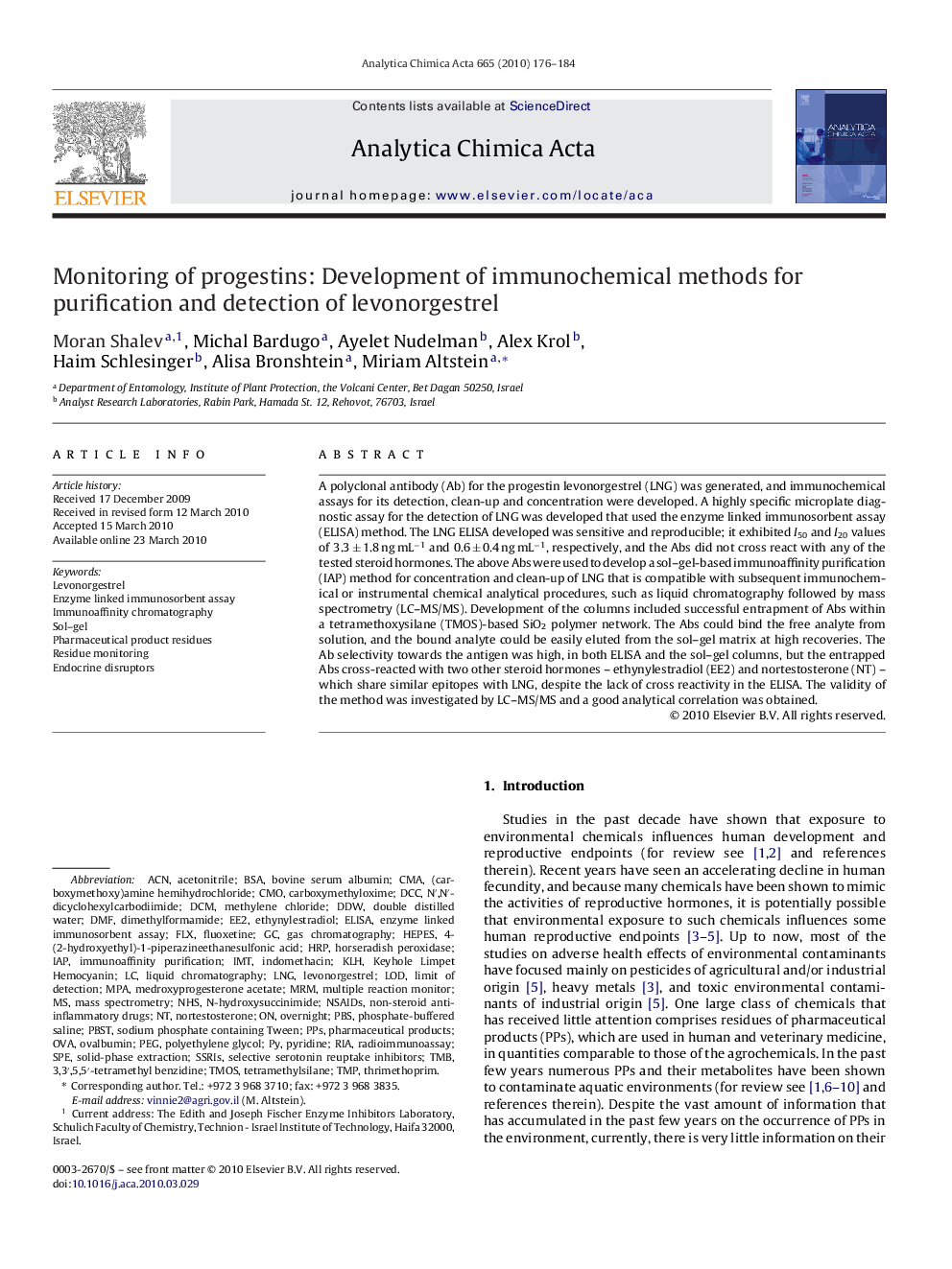 Monitoring of progestins: Development of immunochemical methods for purification and detection of levonorgestrel