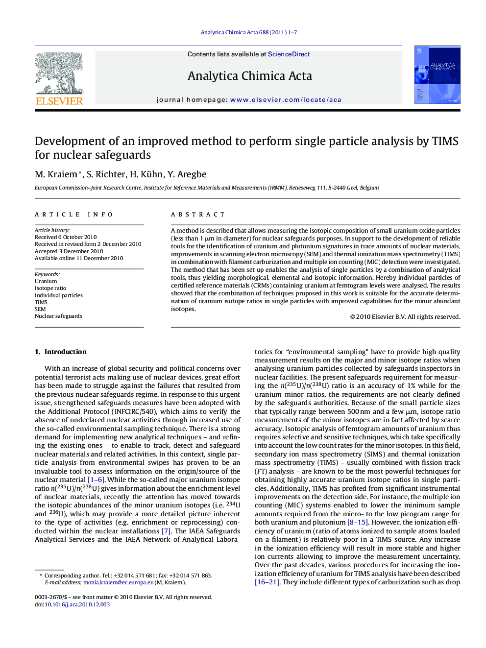 Development of an improved method to perform single particle analysis by TIMS for nuclear safeguards