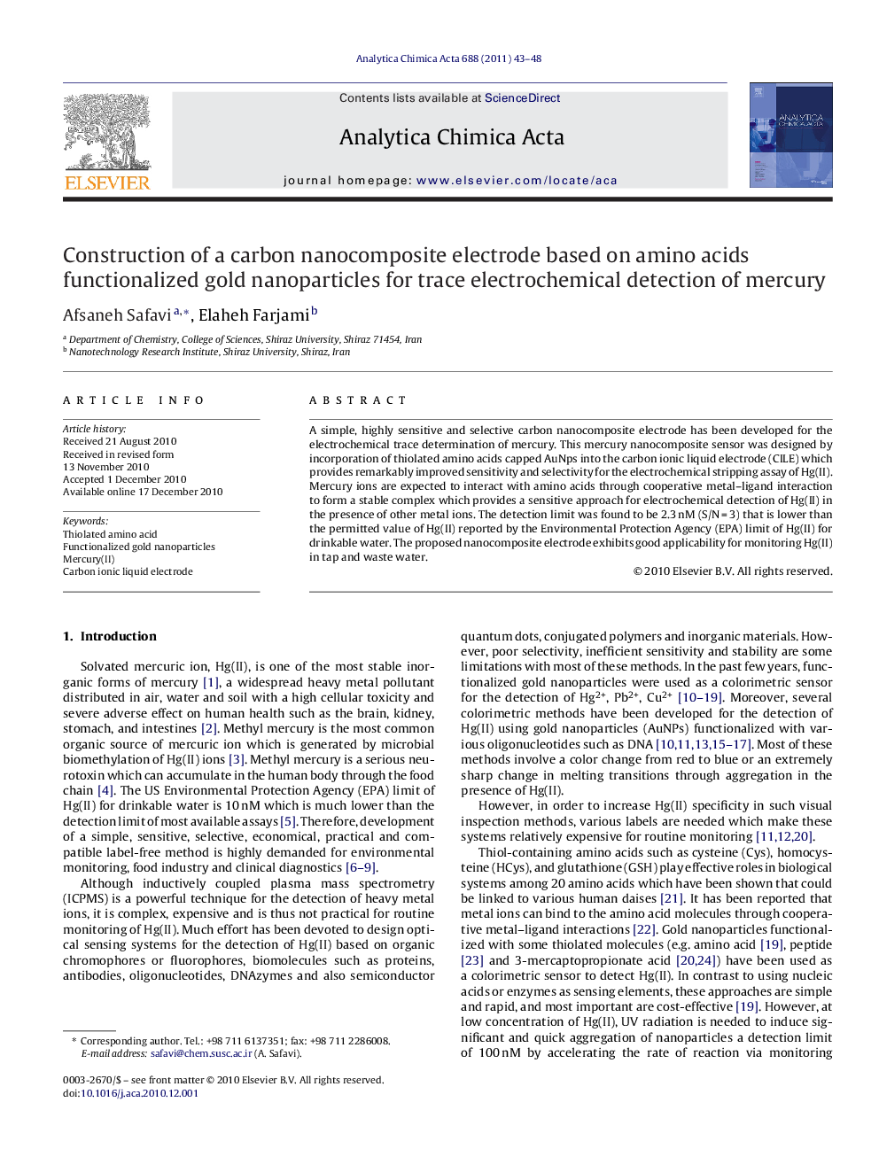 Construction of a carbon nanocomposite electrode based on amino acids functionalized gold nanoparticles for trace electrochemical detection of mercury