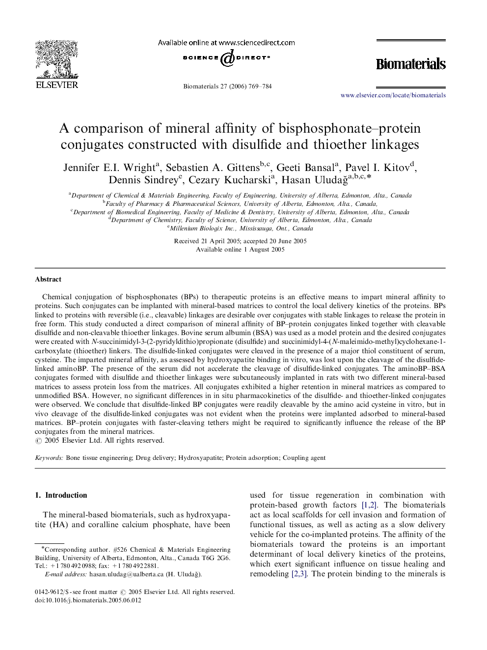 A comparison of mineral affinity of bisphosphonate–protein conjugates constructed with disulfide and thioether linkages