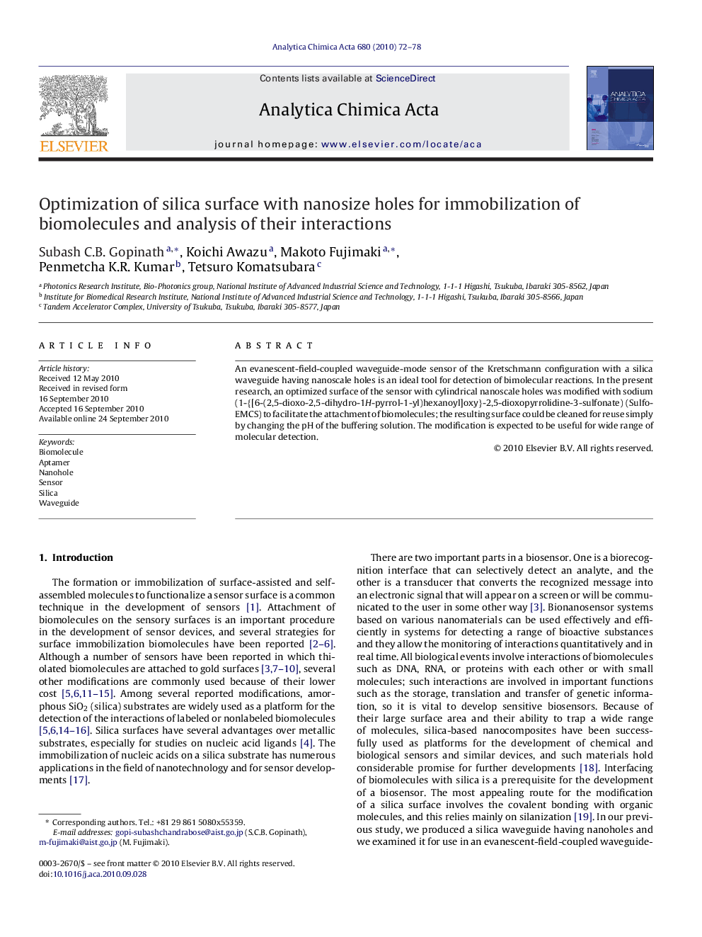 Optimization of silica surface with nanosize holes for immobilization of biomolecules and analysis of their interactions