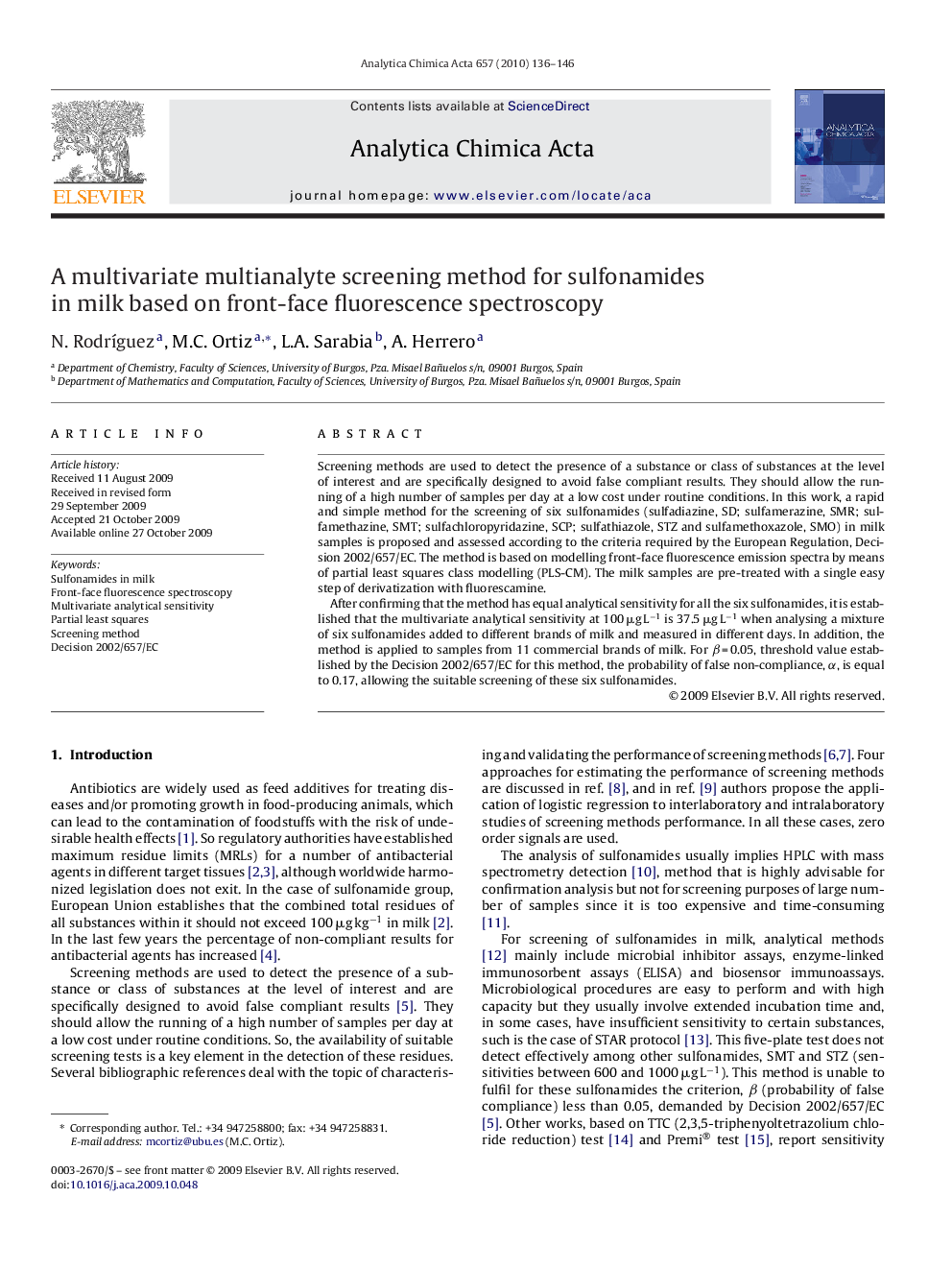 A multivariate multianalyte screening method for sulfonamides in milk based on front-face fluorescence spectroscopy