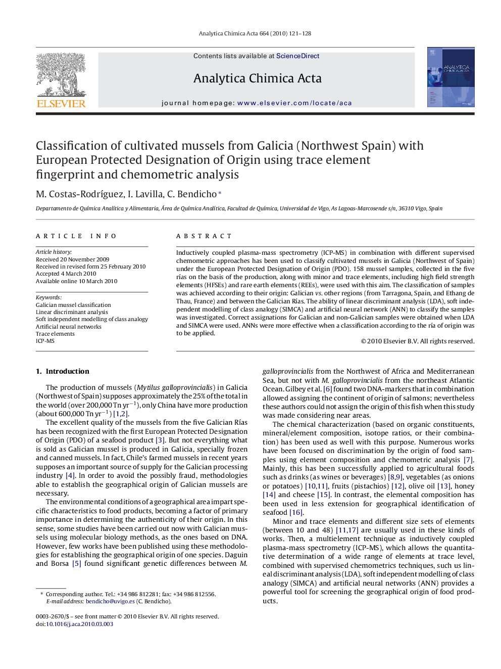 Classification of cultivated mussels from Galicia (Northwest Spain) with European Protected Designation of Origin using trace element fingerprint and chemometric analysis