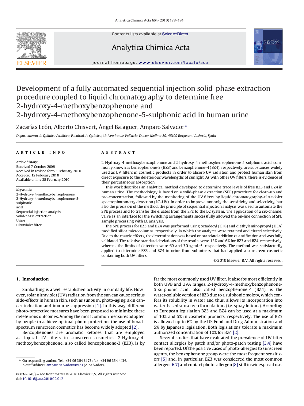 Development of a fully automated sequential injection solid-phase extraction procedure coupled to liquid chromatography to determine free 2-hydroxy-4-methoxybenzophenone and 2-hydroxy-4-methoxybenzophenone-5-sulphonic acid in human urine